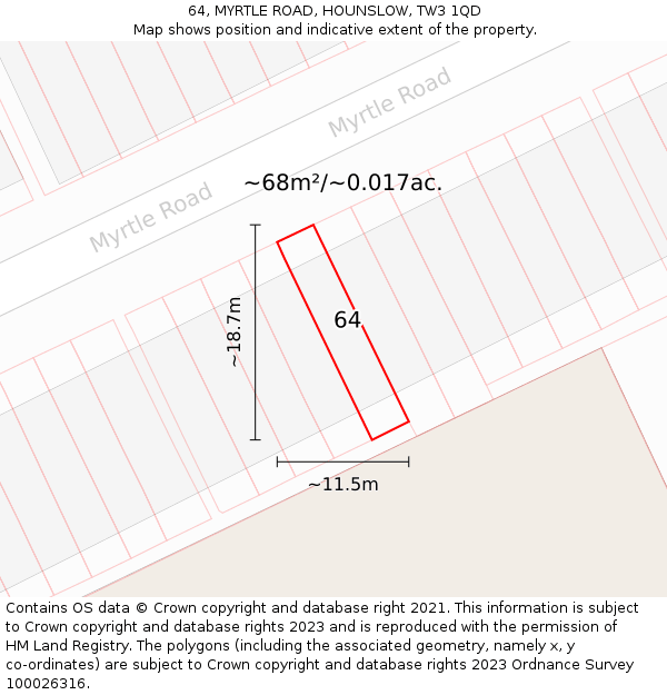 64, MYRTLE ROAD, HOUNSLOW, TW3 1QD: Plot and title map
