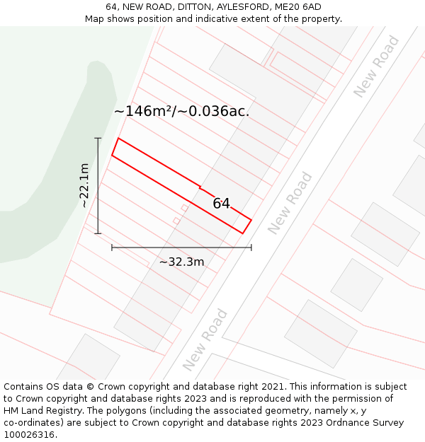 64, NEW ROAD, DITTON, AYLESFORD, ME20 6AD: Plot and title map