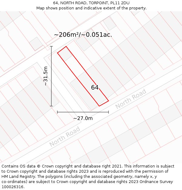 64, NORTH ROAD, TORPOINT, PL11 2DU: Plot and title map