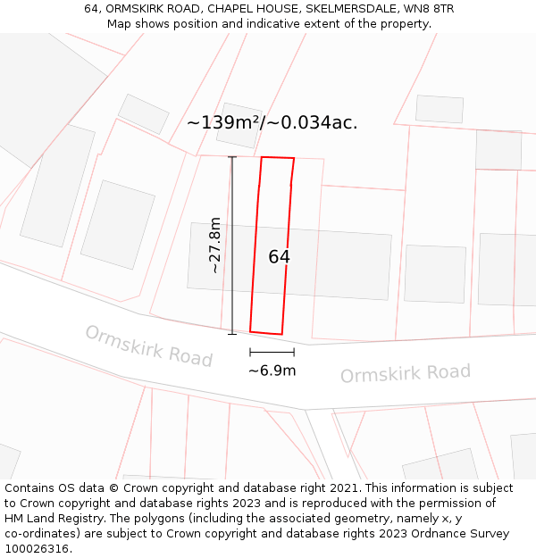 64, ORMSKIRK ROAD, CHAPEL HOUSE, SKELMERSDALE, WN8 8TR: Plot and title map
