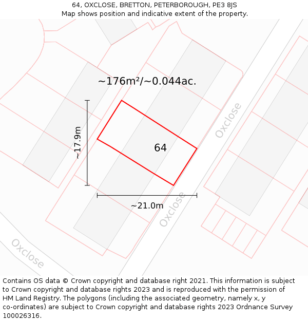 64, OXCLOSE, BRETTON, PETERBOROUGH, PE3 8JS: Plot and title map