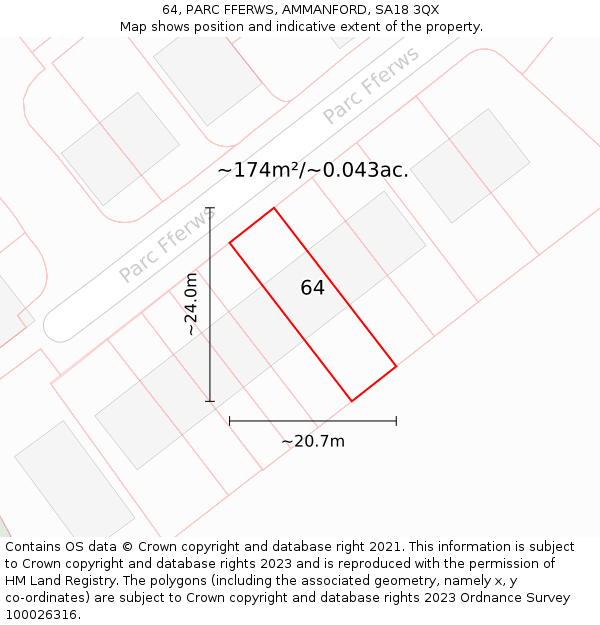 64, PARC FFERWS, AMMANFORD, SA18 3QX: Plot and title map