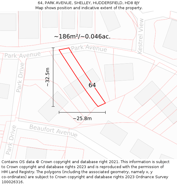 64, PARK AVENUE, SHELLEY, HUDDERSFIELD, HD8 8JY: Plot and title map