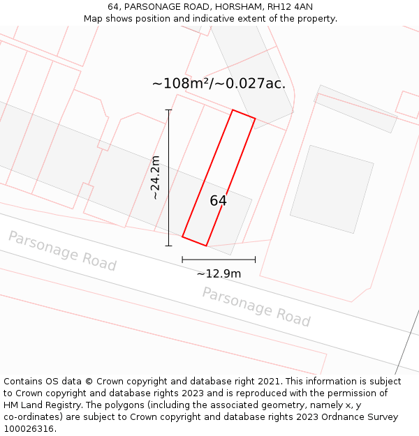 64, PARSONAGE ROAD, HORSHAM, RH12 4AN: Plot and title map