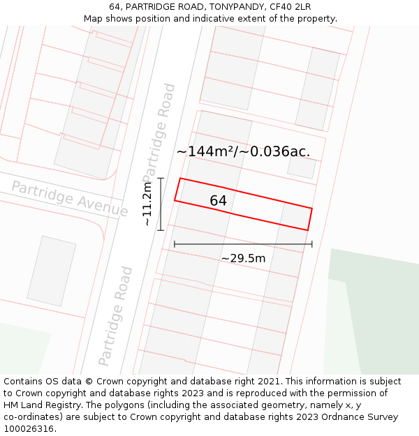 64, PARTRIDGE ROAD, TONYPANDY, CF40 2LR: Plot and title map