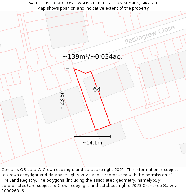64, PETTINGREW CLOSE, WALNUT TREE, MILTON KEYNES, MK7 7LL: Plot and title map