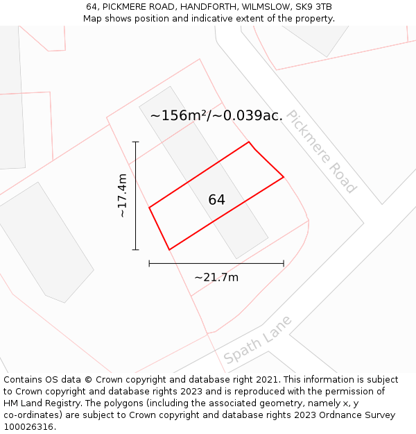 64, PICKMERE ROAD, HANDFORTH, WILMSLOW, SK9 3TB: Plot and title map