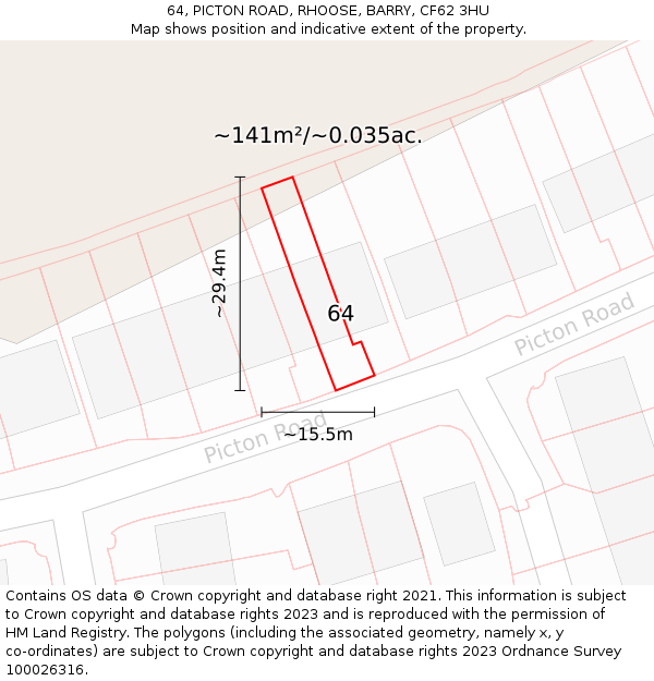 64, PICTON ROAD, RHOOSE, BARRY, CF62 3HU: Plot and title map