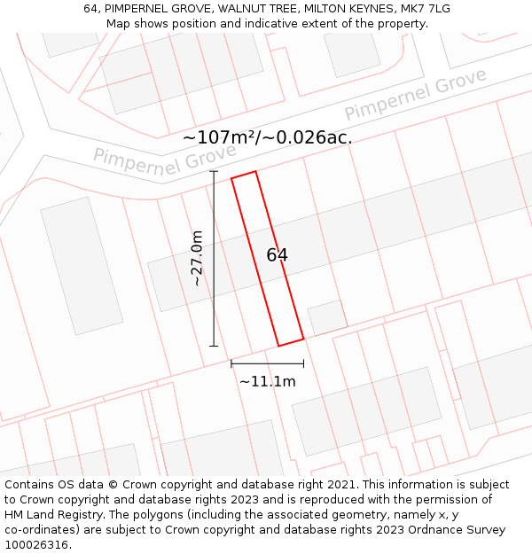 64, PIMPERNEL GROVE, WALNUT TREE, MILTON KEYNES, MK7 7LG: Plot and title map