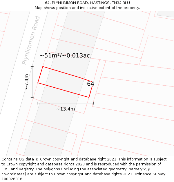 64, PLYNLIMMON ROAD, HASTINGS, TN34 3LU: Plot and title map