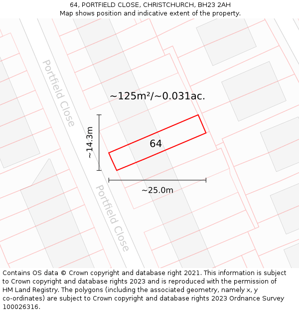 64, PORTFIELD CLOSE, CHRISTCHURCH, BH23 2AH: Plot and title map