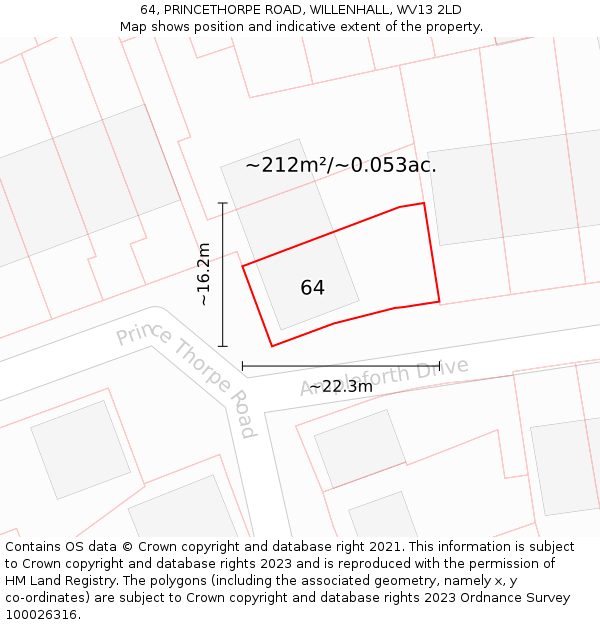 64, PRINCETHORPE ROAD, WILLENHALL, WV13 2LD: Plot and title map