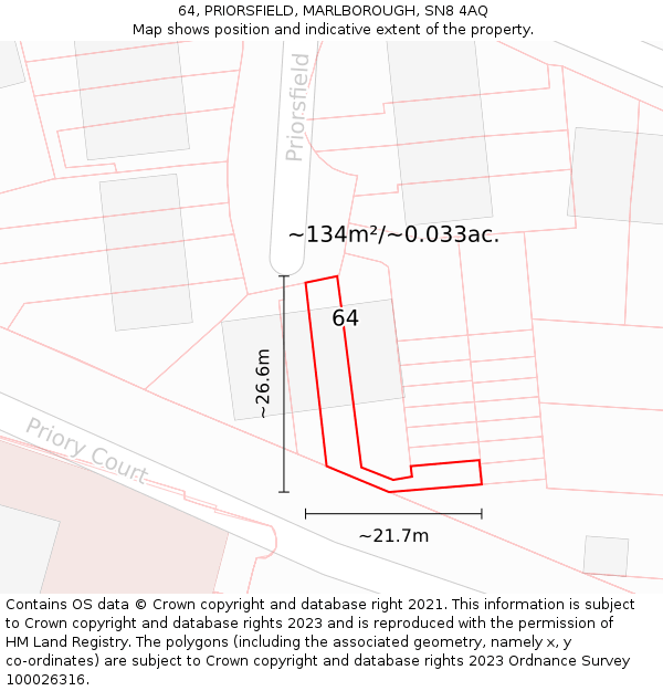 64, PRIORSFIELD, MARLBOROUGH, SN8 4AQ: Plot and title map