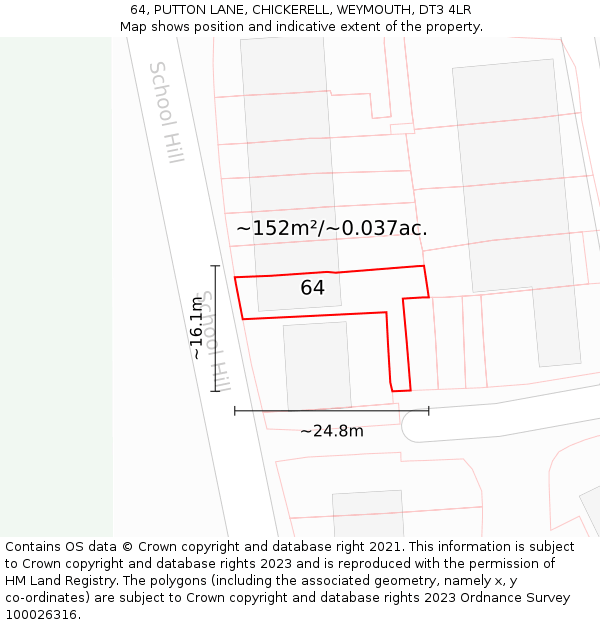 64, PUTTON LANE, CHICKERELL, WEYMOUTH, DT3 4LR: Plot and title map