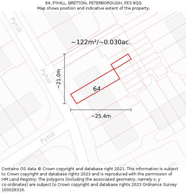 64, PYHILL, BRETTON, PETERBOROUGH, PE3 8QQ: Plot and title map