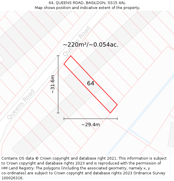 64, QUEENS ROAD, BASILDON, SS15 4AL: Plot and title map