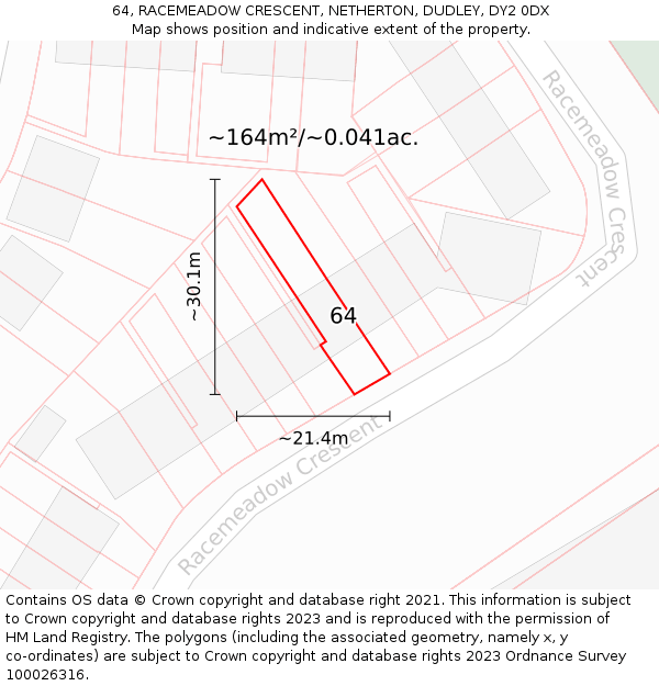 64, RACEMEADOW CRESCENT, NETHERTON, DUDLEY, DY2 0DX: Plot and title map
