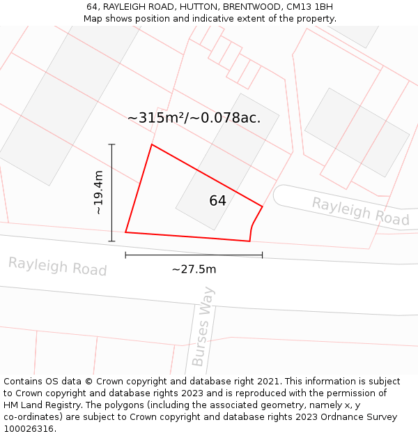 64, RAYLEIGH ROAD, HUTTON, BRENTWOOD, CM13 1BH: Plot and title map