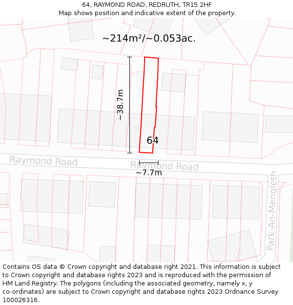 64, RAYMOND ROAD, REDRUTH, TR15 2HF: Plot and title map