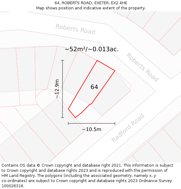64, ROBERTS ROAD, EXETER, EX2 4HE: Plot and title map
