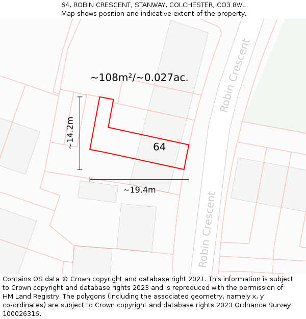 64, ROBIN CRESCENT, STANWAY, COLCHESTER, CO3 8WL: Plot and title map