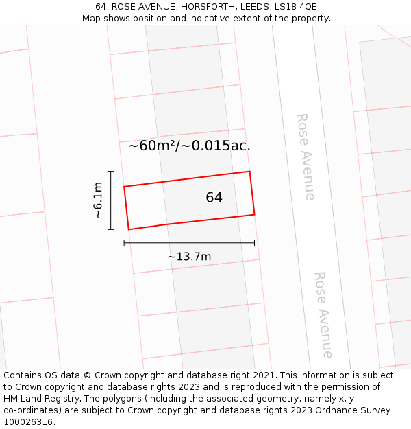 64, ROSE AVENUE, HORSFORTH, LEEDS, LS18 4QE: Plot and title map