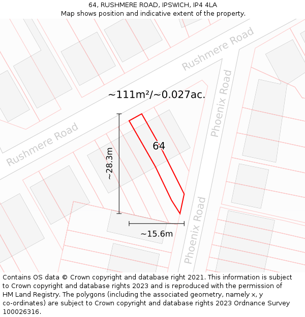 64, RUSHMERE ROAD, IPSWICH, IP4 4LA: Plot and title map