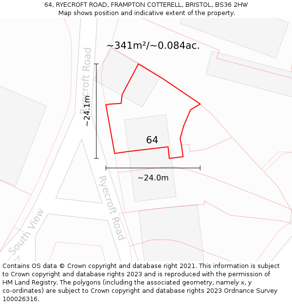 64, RYECROFT ROAD, FRAMPTON COTTERELL, BRISTOL, BS36 2HW: Plot and title map