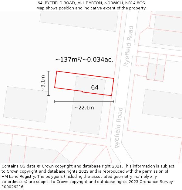 64, RYEFIELD ROAD, MULBARTON, NORWICH, NR14 8GS: Plot and title map