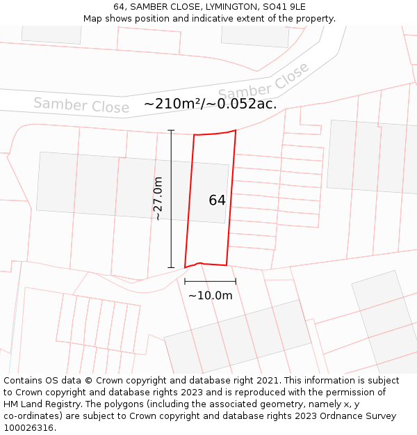 64, SAMBER CLOSE, LYMINGTON, SO41 9LE: Plot and title map