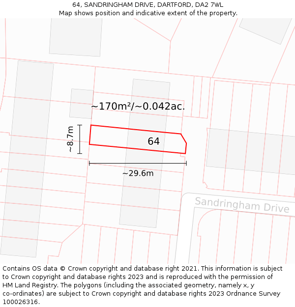 64, SANDRINGHAM DRIVE, DARTFORD, DA2 7WL: Plot and title map