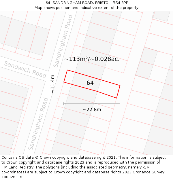 64, SANDRINGHAM ROAD, BRISTOL, BS4 3PP: Plot and title map