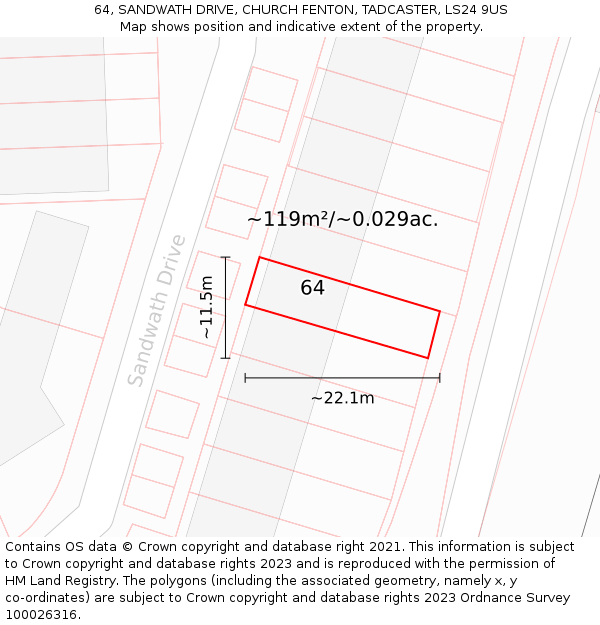 64, SANDWATH DRIVE, CHURCH FENTON, TADCASTER, LS24 9US: Plot and title map