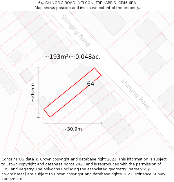 64, SHINGRIG ROAD, NELSON, TREHARRIS, CF46 6EA: Plot and title map