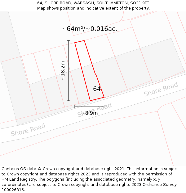 64, SHORE ROAD, WARSASH, SOUTHAMPTON, SO31 9FT: Plot and title map