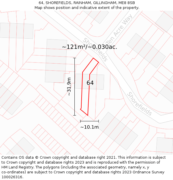 64, SHOREFIELDS, RAINHAM, GILLINGHAM, ME8 8SB: Plot and title map