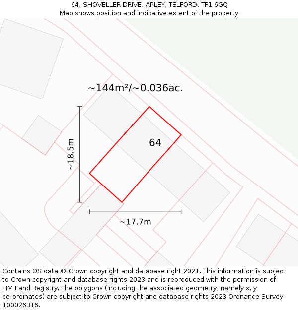 64, SHOVELLER DRIVE, APLEY, TELFORD, TF1 6GQ: Plot and title map