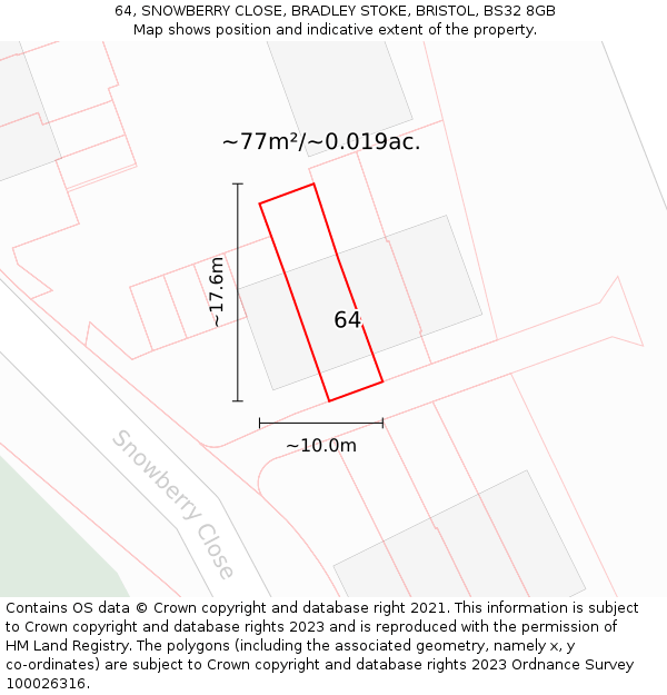 64, SNOWBERRY CLOSE, BRADLEY STOKE, BRISTOL, BS32 8GB: Plot and title map