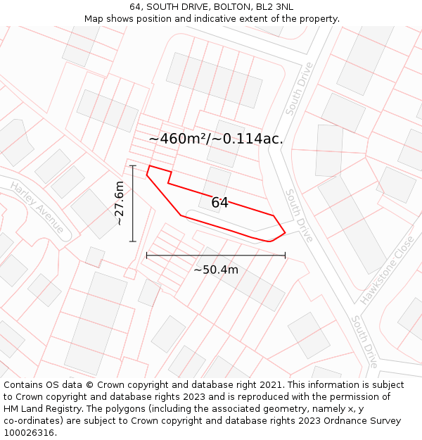 64, SOUTH DRIVE, BOLTON, BL2 3NL: Plot and title map