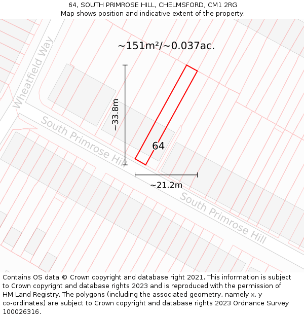 64, SOUTH PRIMROSE HILL, CHELMSFORD, CM1 2RG: Plot and title map