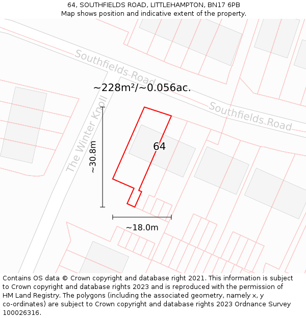 64, SOUTHFIELDS ROAD, LITTLEHAMPTON, BN17 6PB: Plot and title map