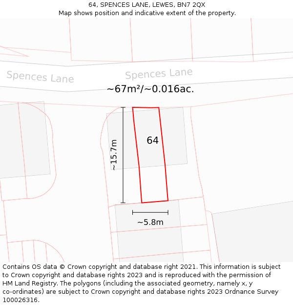 64, SPENCES LANE, LEWES, BN7 2QX: Plot and title map