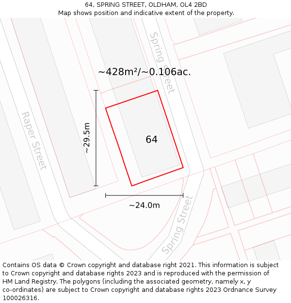 64, SPRING STREET, OLDHAM, OL4 2BD: Plot and title map