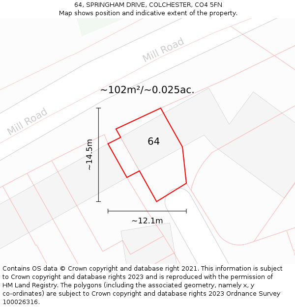 64, SPRINGHAM DRIVE, COLCHESTER, CO4 5FN: Plot and title map