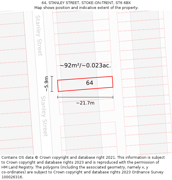64, STANLEY STREET, STOKE-ON-TRENT, ST6 6BX: Plot and title map