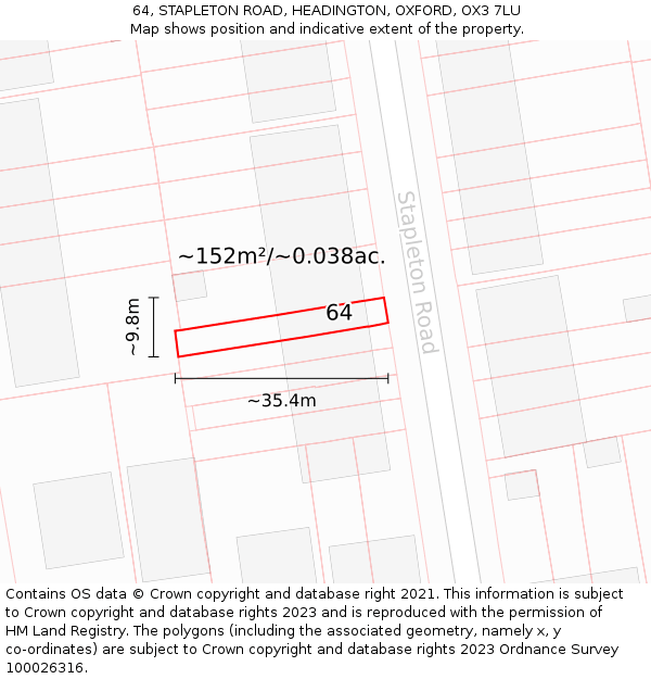 64, STAPLETON ROAD, HEADINGTON, OXFORD, OX3 7LU: Plot and title map