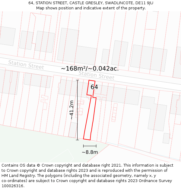 64, STATION STREET, CASTLE GRESLEY, SWADLINCOTE, DE11 9JU: Plot and title map