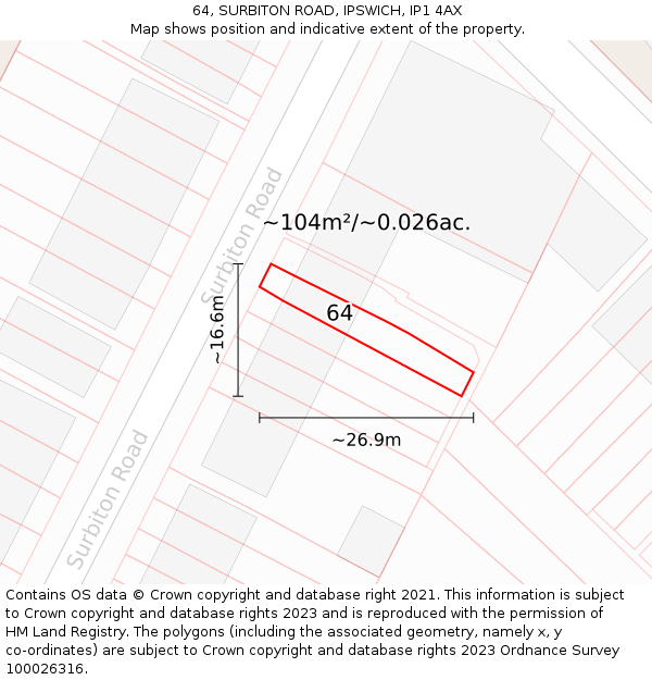 64, SURBITON ROAD, IPSWICH, IP1 4AX: Plot and title map