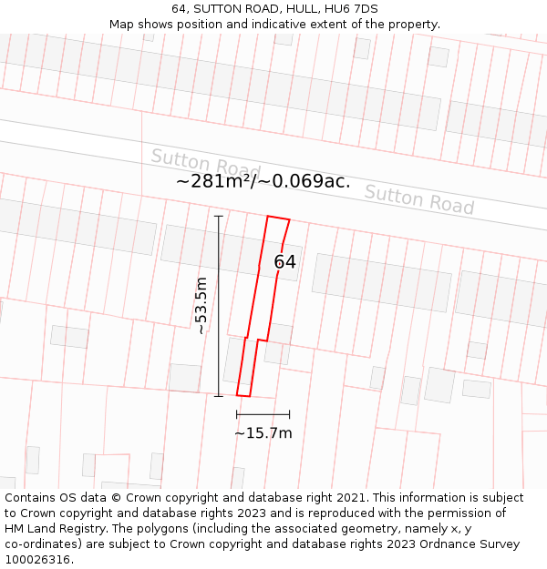 64, SUTTON ROAD, HULL, HU6 7DS: Plot and title map