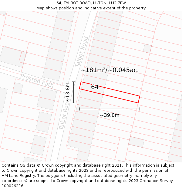 64, TALBOT ROAD, LUTON, LU2 7RW: Plot and title map